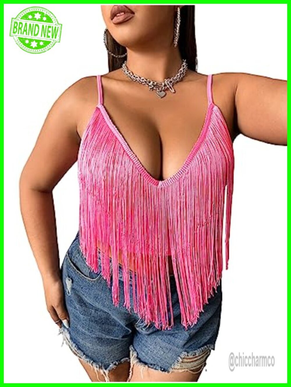 Plus Size Fringe Trim Spaghetti Strap Crop Cami Top